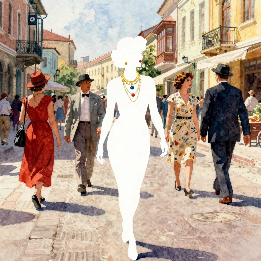 Vibrant watercolor style. Odessa street scene, 1920s, lively...