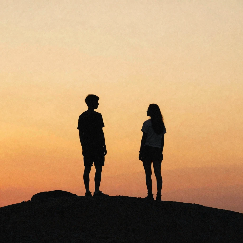Silhouette of two friends on a mountain ridge at golden hour...