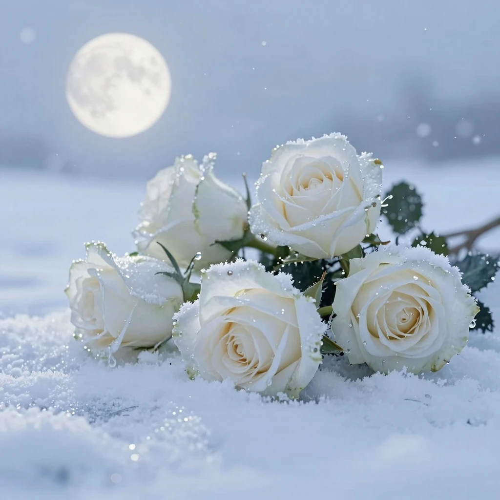 Artistic illustration of white roses on snow, partially buri...