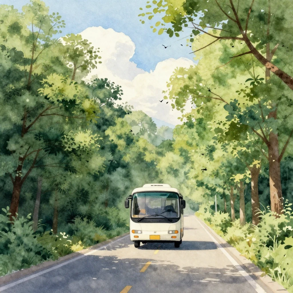 Watercolor painting of a small white bus driving on a smooth...