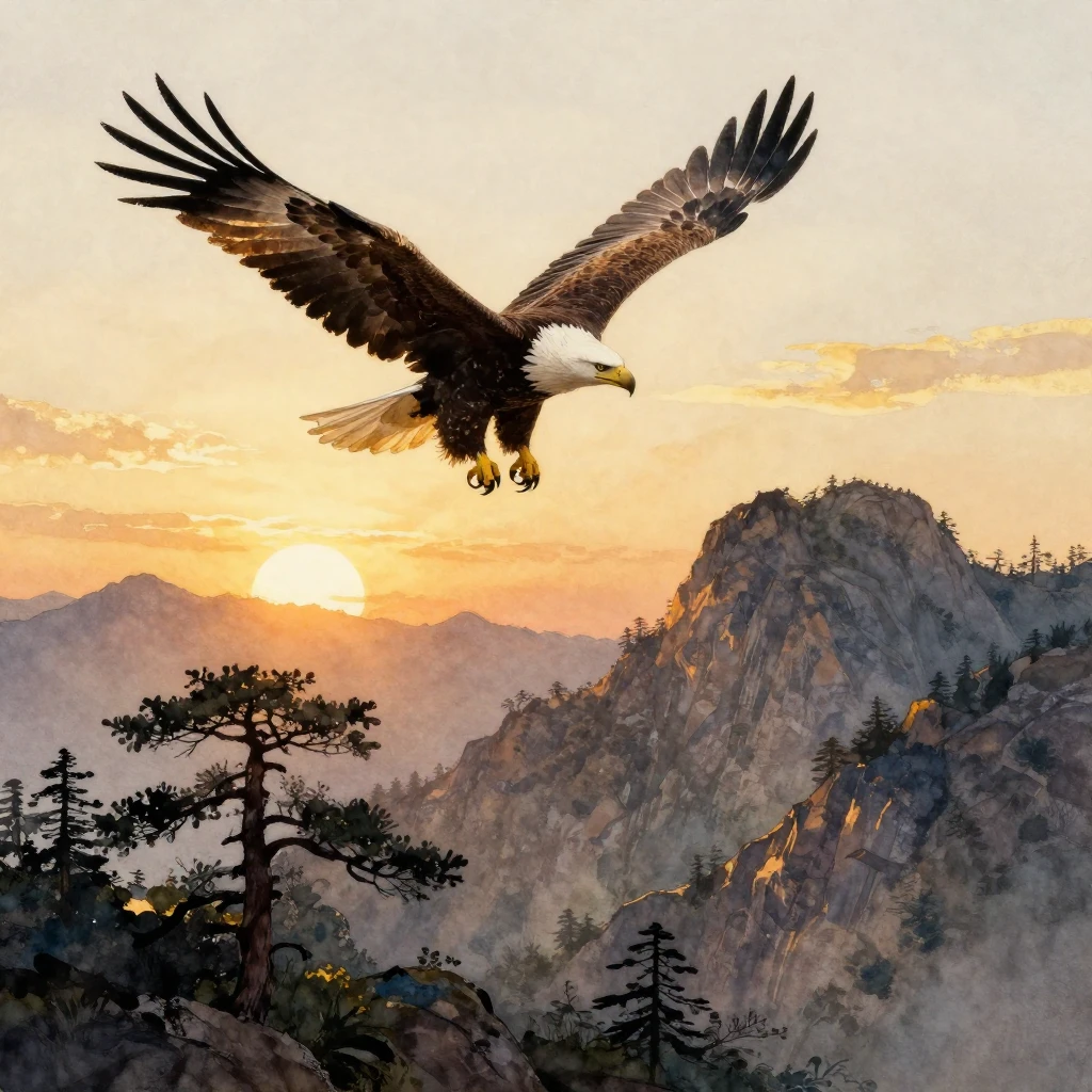 Watercolor painting of a majestic eagle soaring high above r...