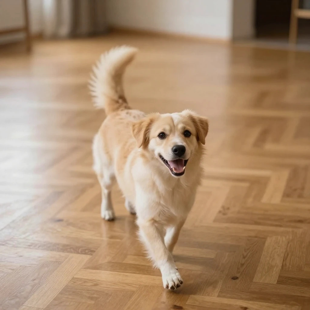A playful, happy dog wagging its tail on a polished parquet ...