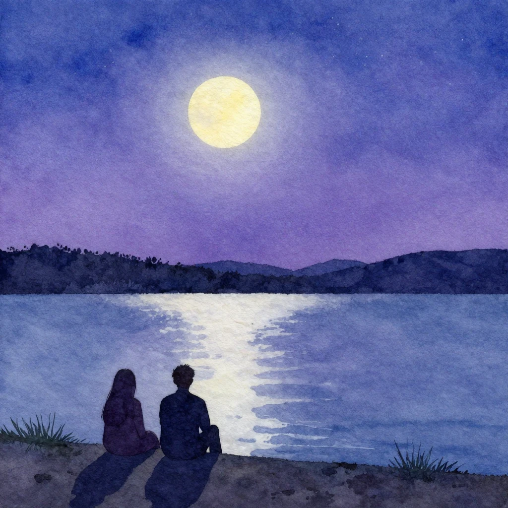 A watercolor painting of a calm lake at night, two silhouett...