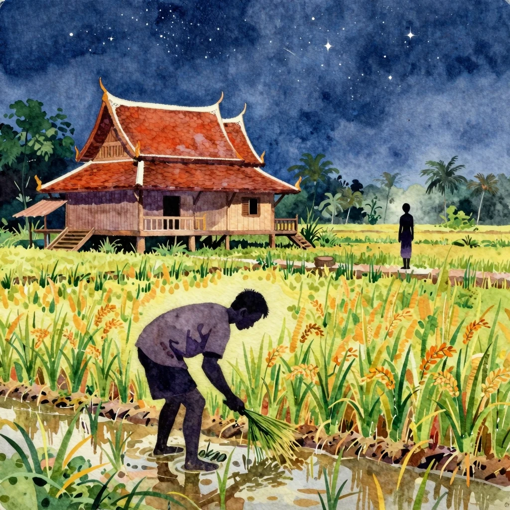 A vibrant watercolor painting of a traditional Thai rural sc...