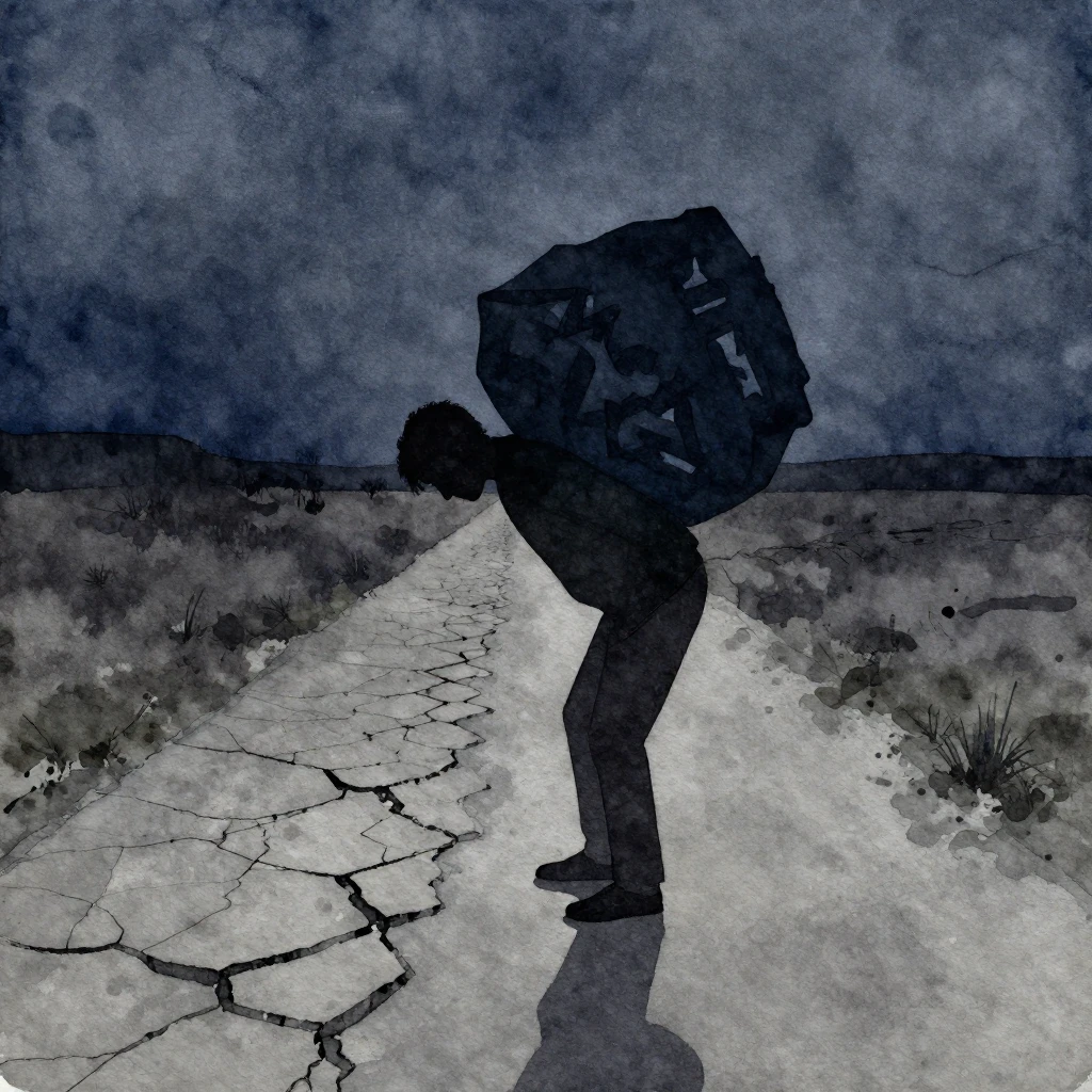 A watercolor silhouette of a person on a cracked path, hunch...