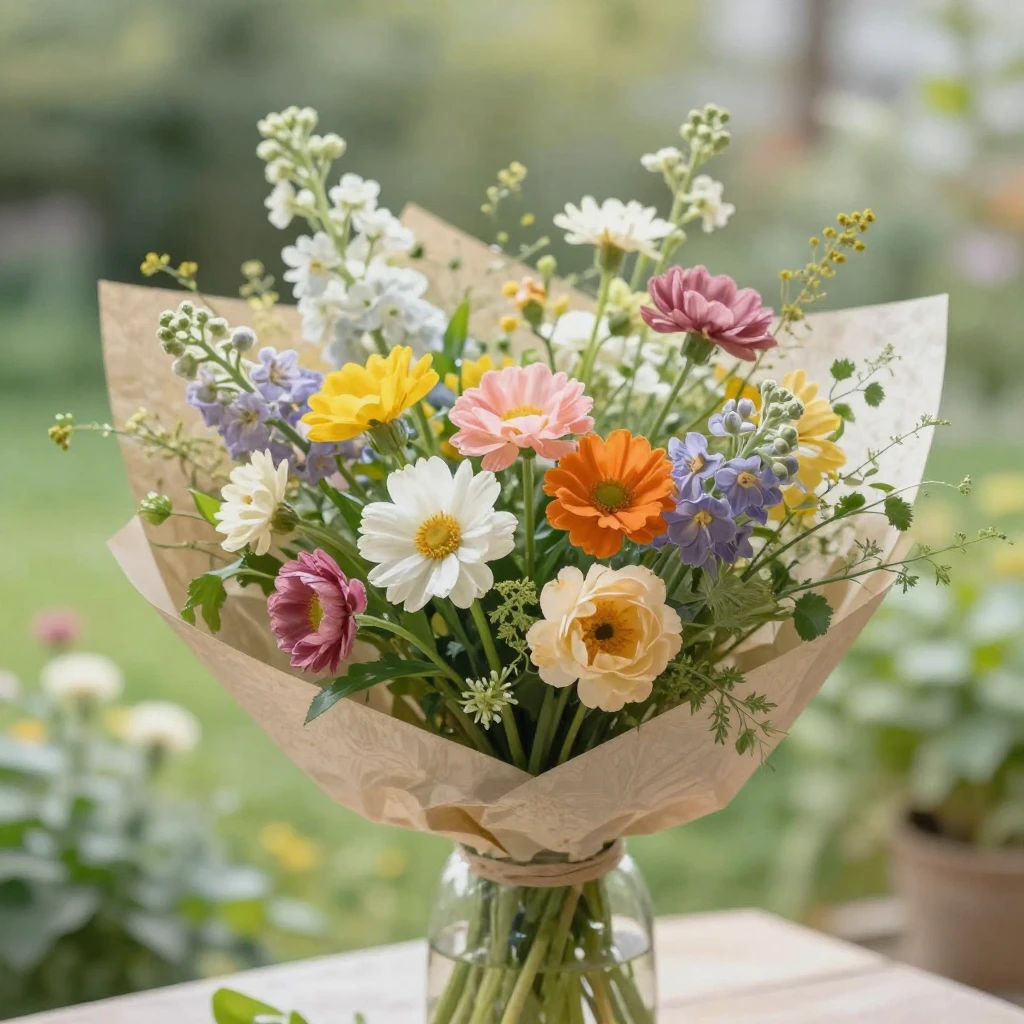 A bouquet of freshly picked garden flowers, including colorf...