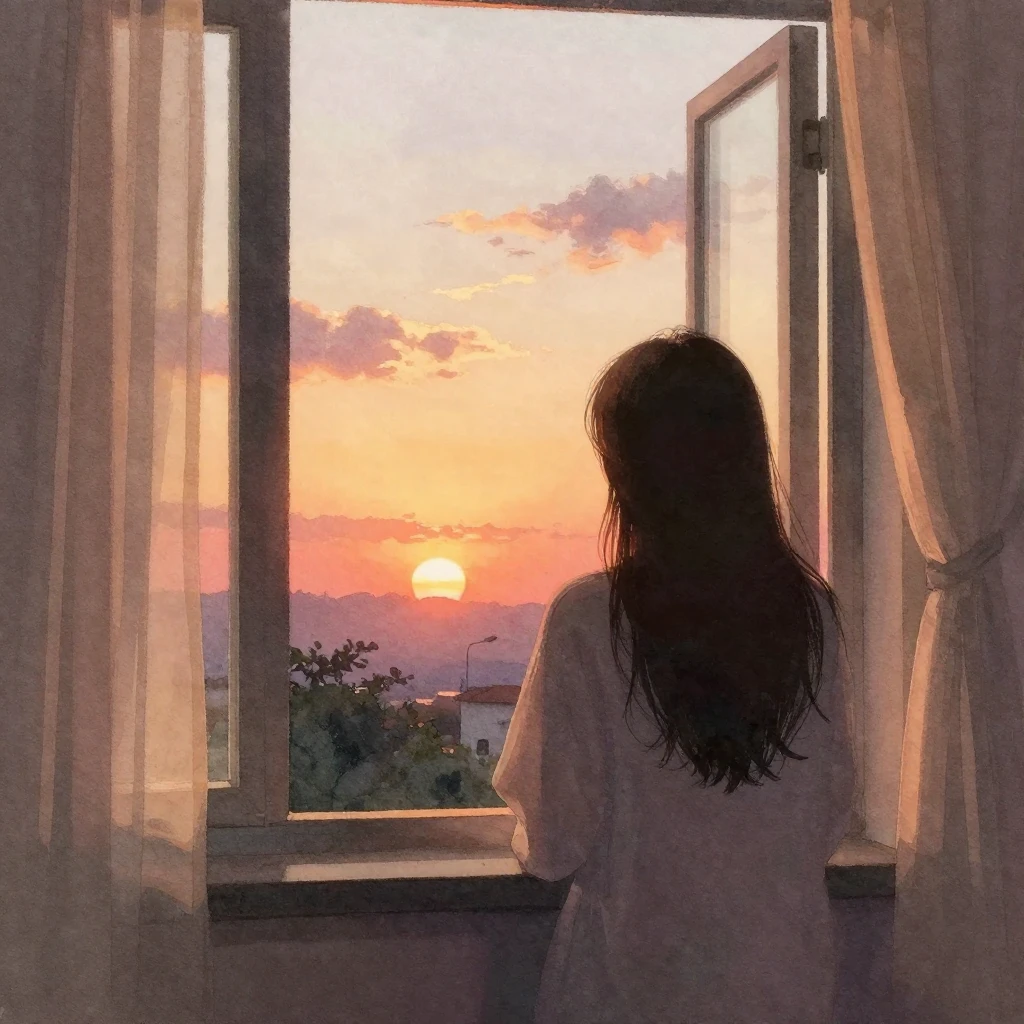 A person in silhouette looking out a window at a beautiful s...