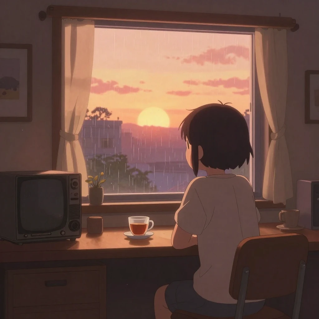 A lo-fi anime style illustration of a cozy room at sunset, s...