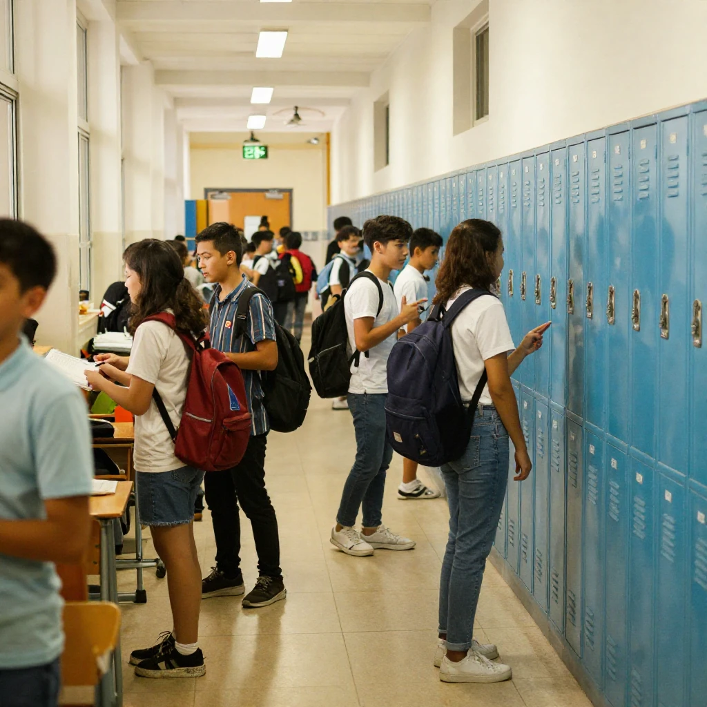 A vibrant school hallway filled with students interacting be...