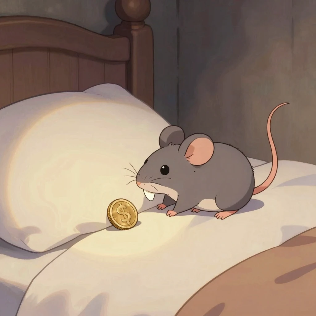 A small mouse in soft moonlight, carefully taking a tiny whi...