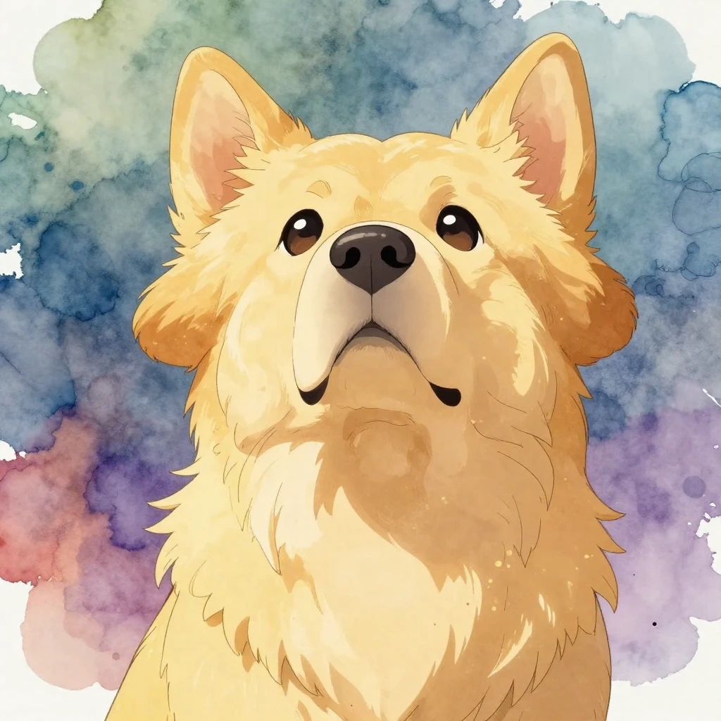 An anime style illustration of a golden-colored dog with per...
