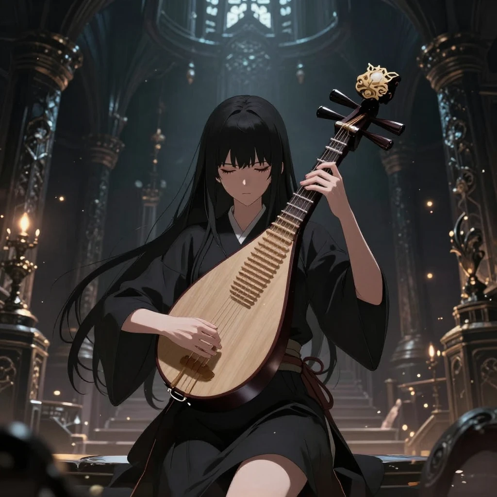 Female figure with long hair playing biwa in dark fantasy fo...
