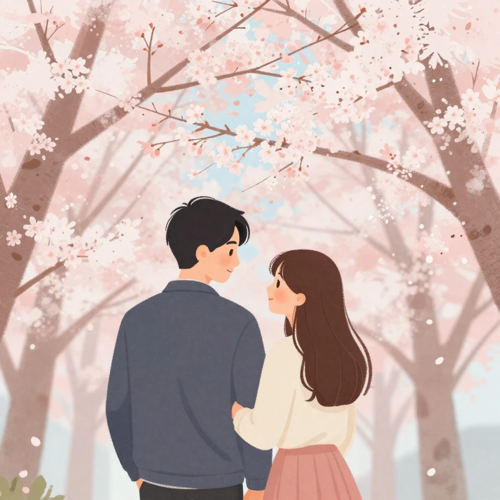 A stylized illustration of a couple under cherry blossoms, w...