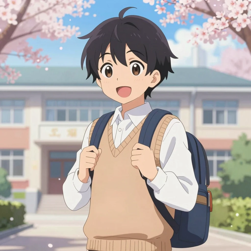 An anime-style illustration of a cheerful student with a bac...