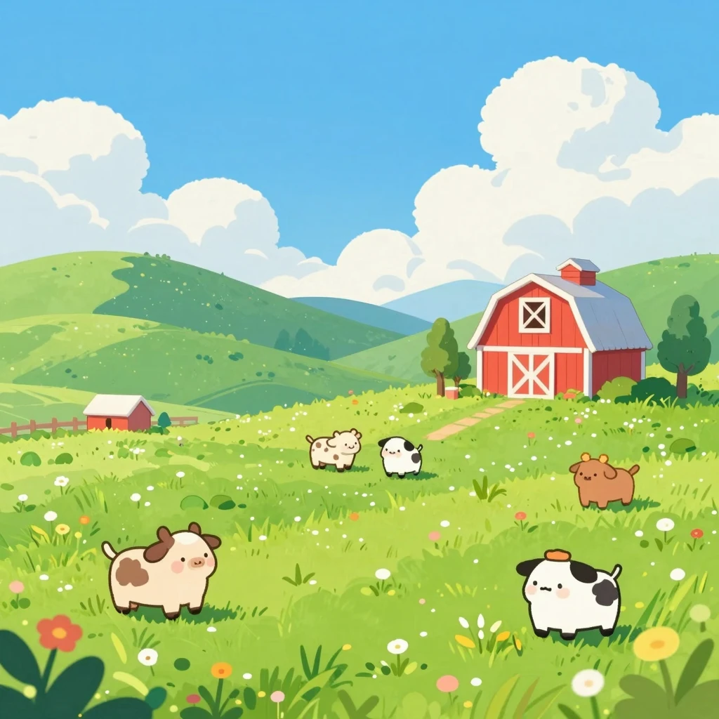 Anime style background of a colorful stylized farm with happ...