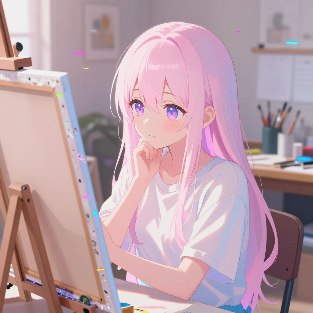 A cute anime girl with long pale hair looking thoughtfully a...