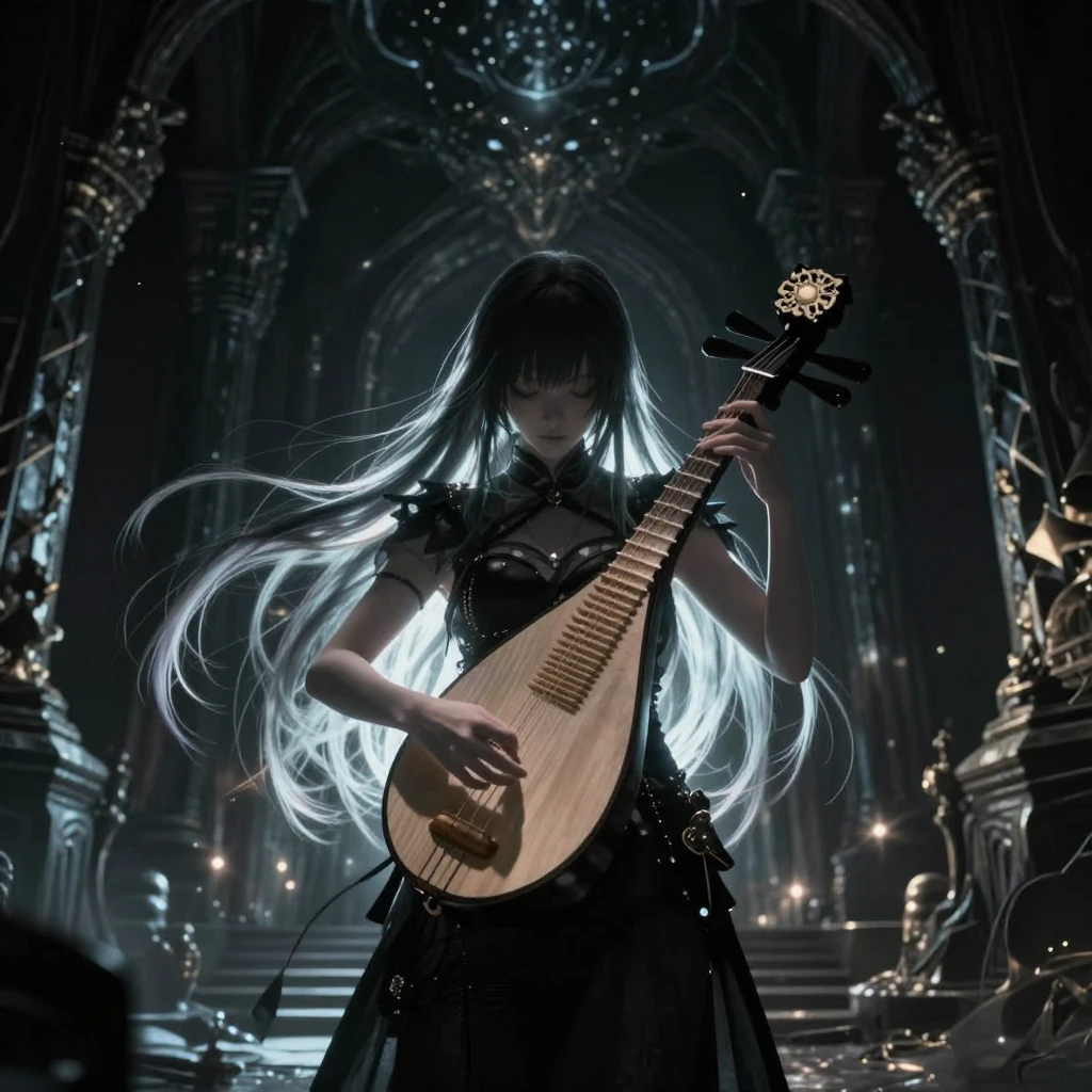 Female figure with long hair playing biwa in dark fantasy fo...