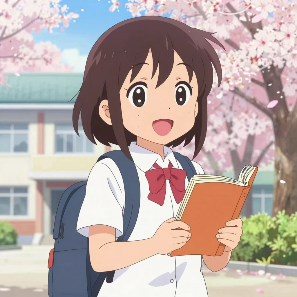 Anime-style illustration of a cheerful student with a backpa...