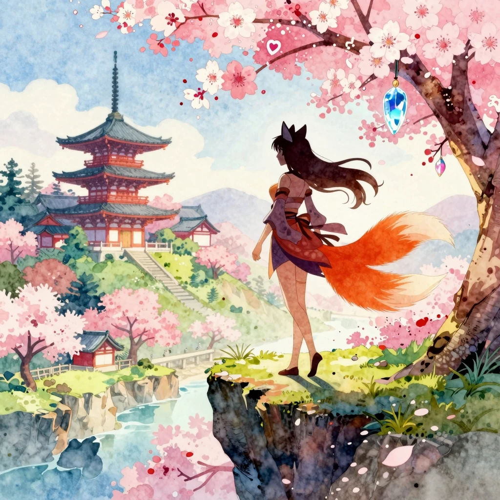 Anime style illustration, vibrant watercolor style. A gracef...