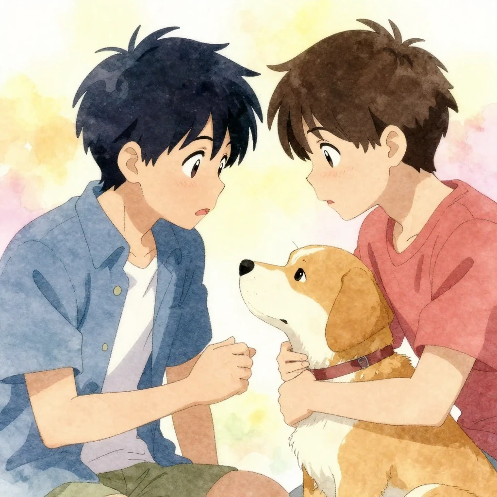 Two figures, one human and one animal (e.g., a dog), sharing...