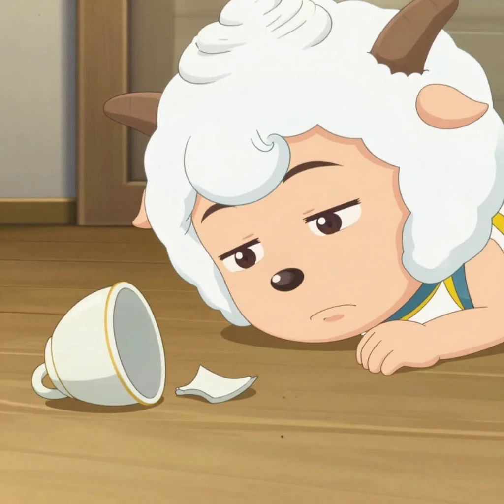 An anime scene depicting the aftermath of a small mishap, wi...