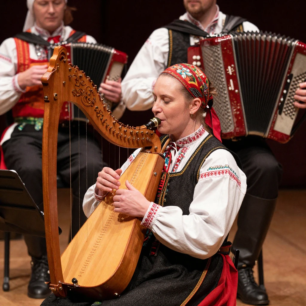 A stylized depiction of musicians dressed in intricate tradi...