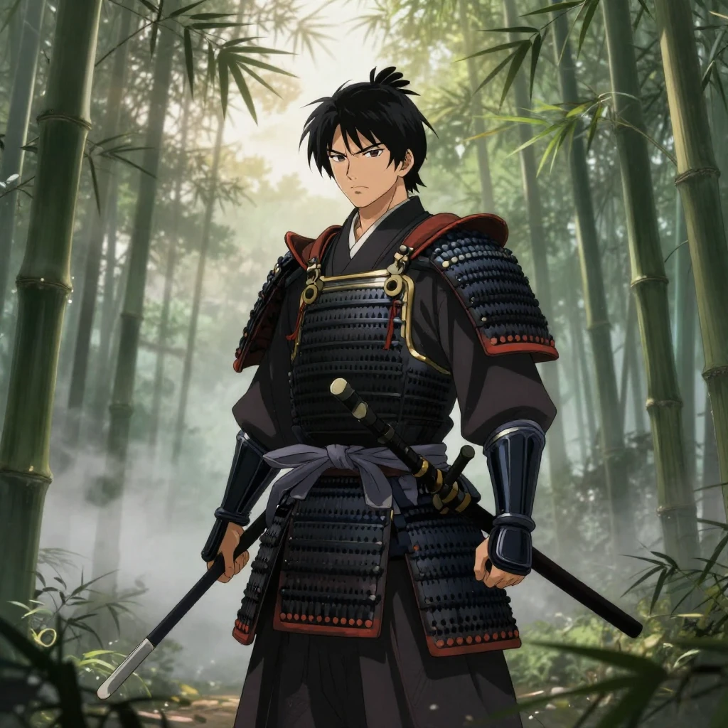 A stoic samurai warrior in full traditional armor, standing ...