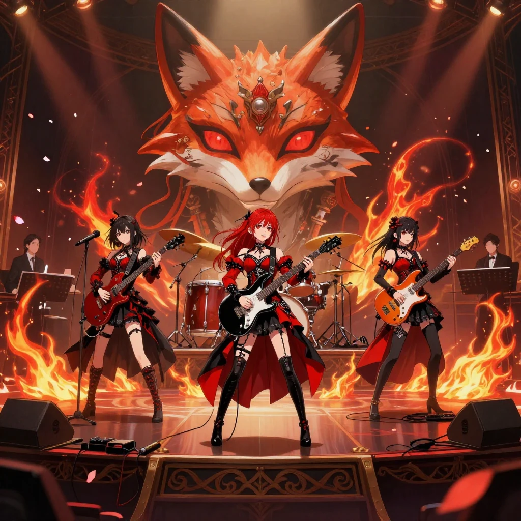 Full body illustration in anime style of three female musici...