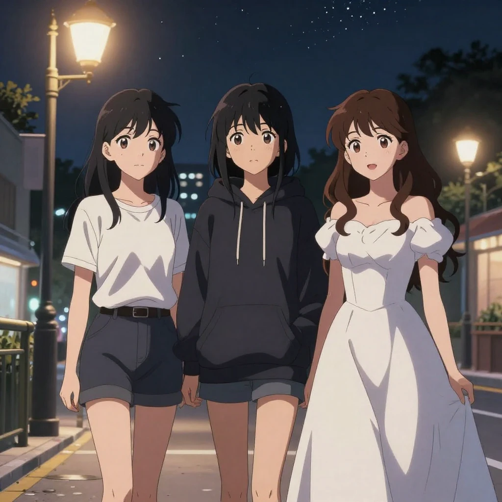 High quality anime style illustration, three young women, di...