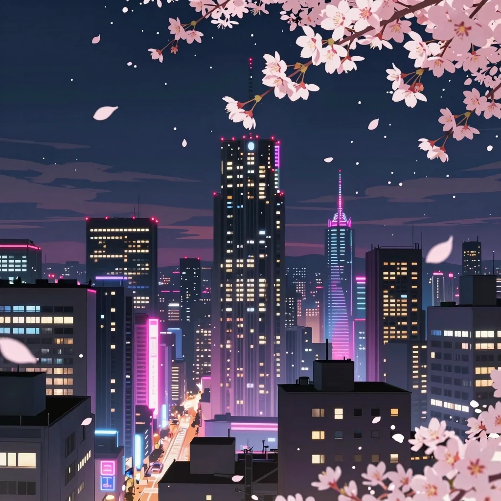 Dramatic night cityscape with skyscrapers, neon lights glowi...