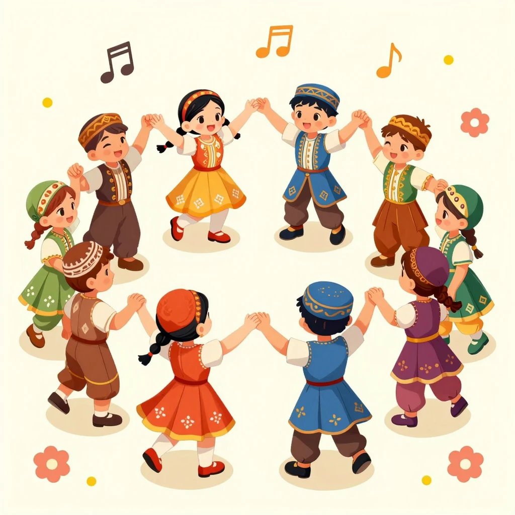 A colorful cartoon scene of Uzbek children in traditional co...