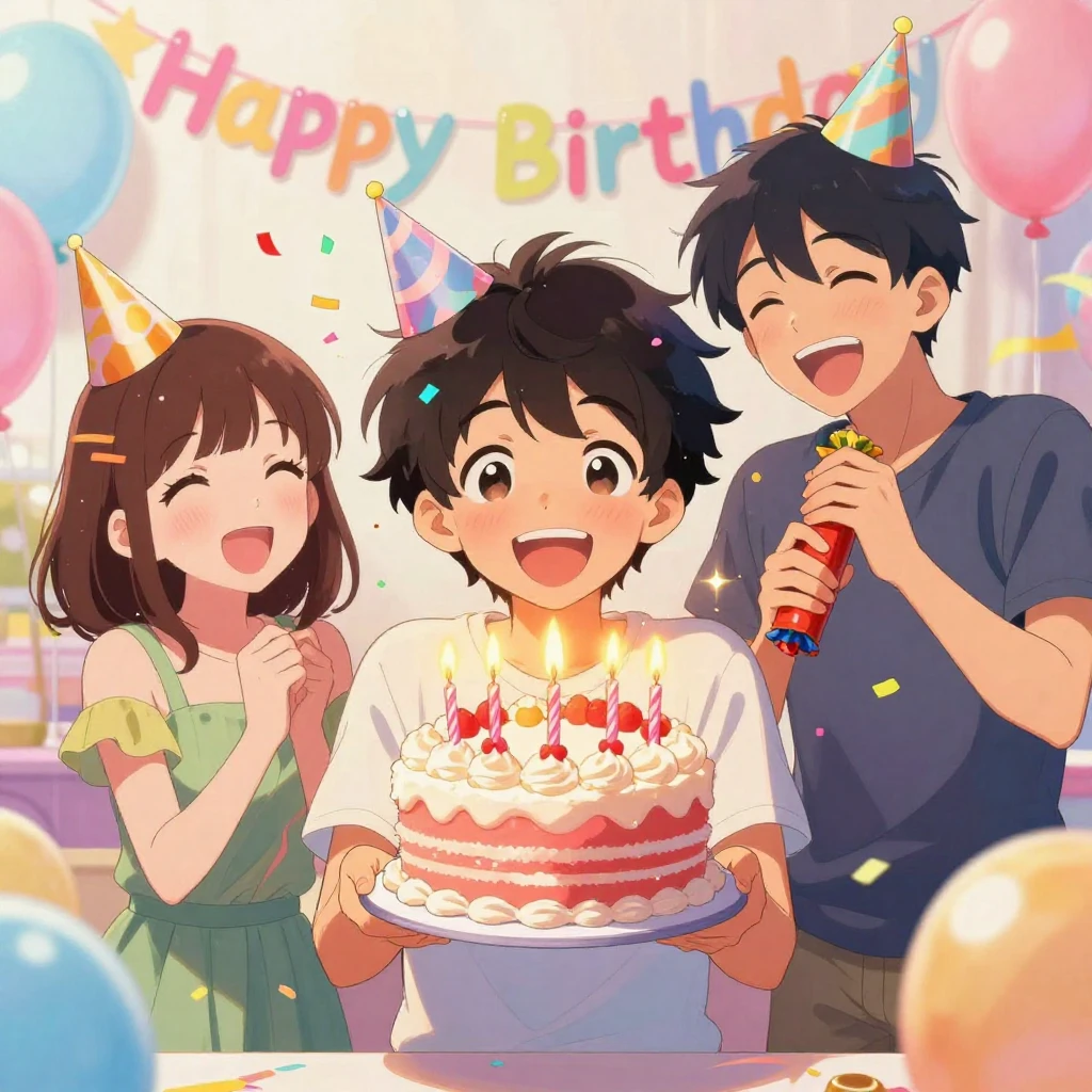 A vibrant anime-style illustration of a joyful birthday cele...