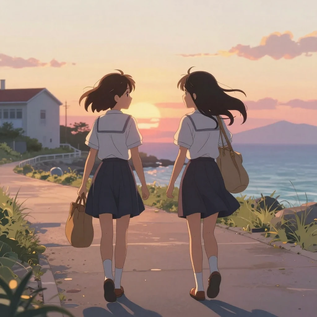 Anime style illustration of two schoolgirls, with flowing ha...