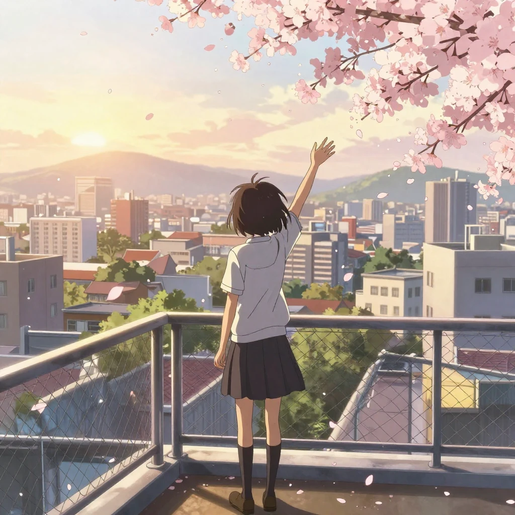 Anime style illustration of a high school rooftop with a wir...