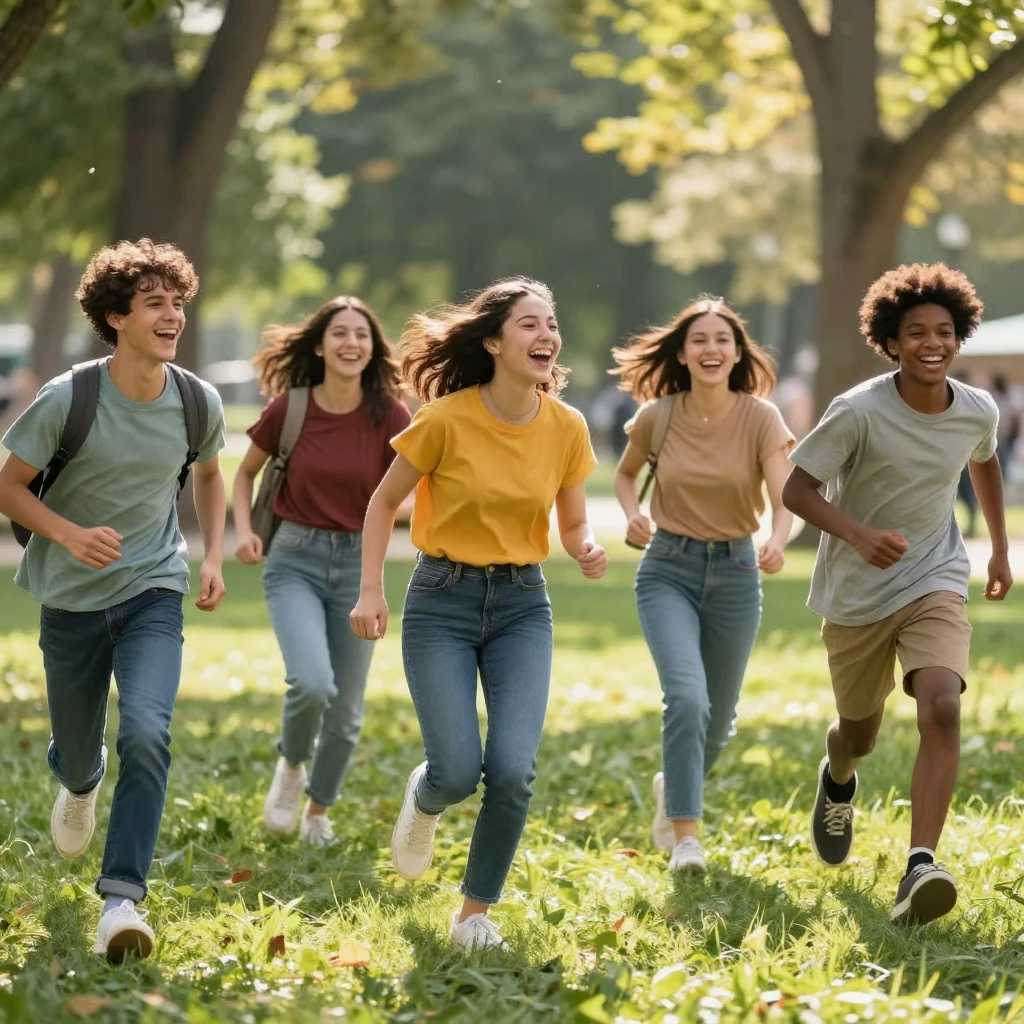 A group of diverse teenagers laughing and running freely in ...