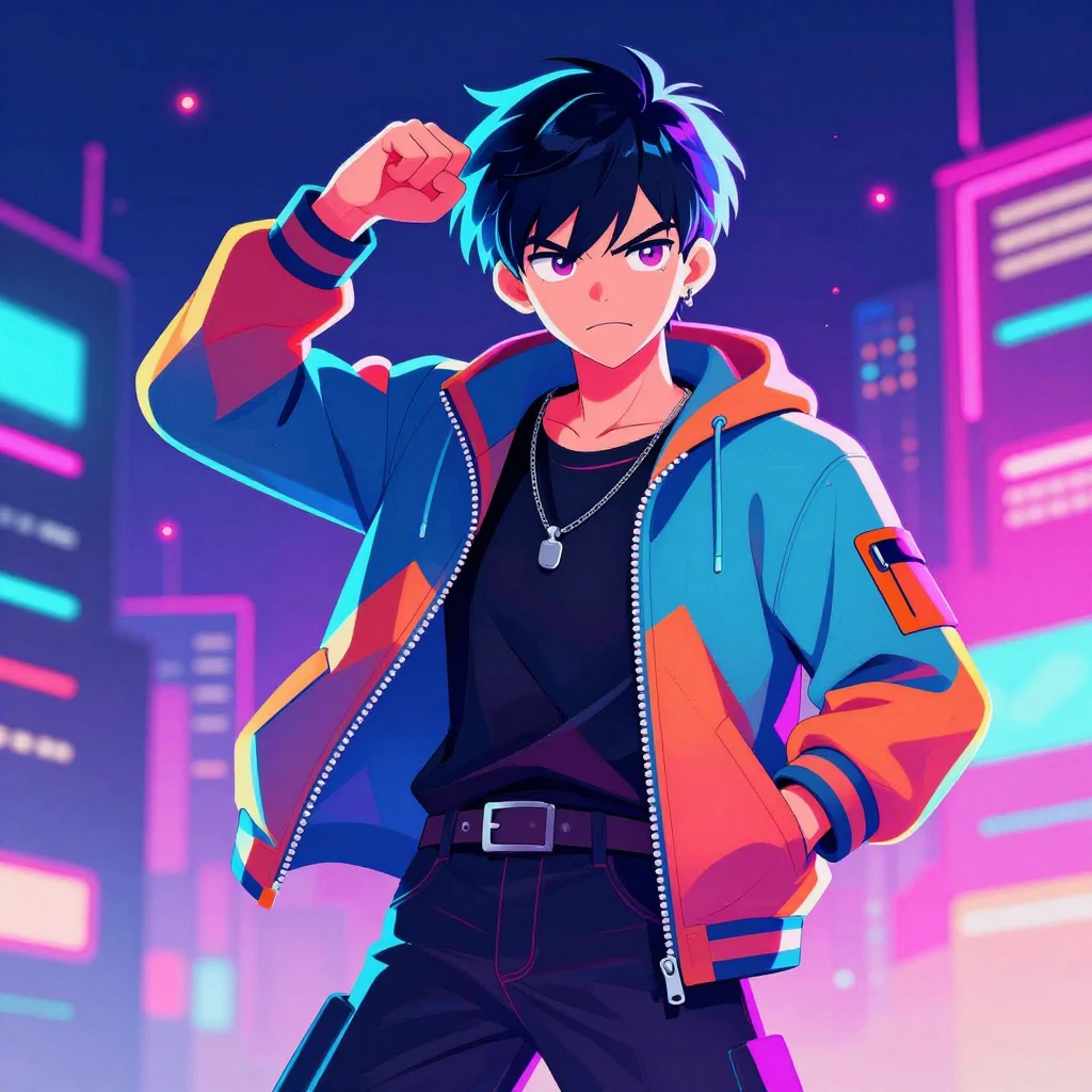 A neon-lit anime-style illustration of a teenager with a con...