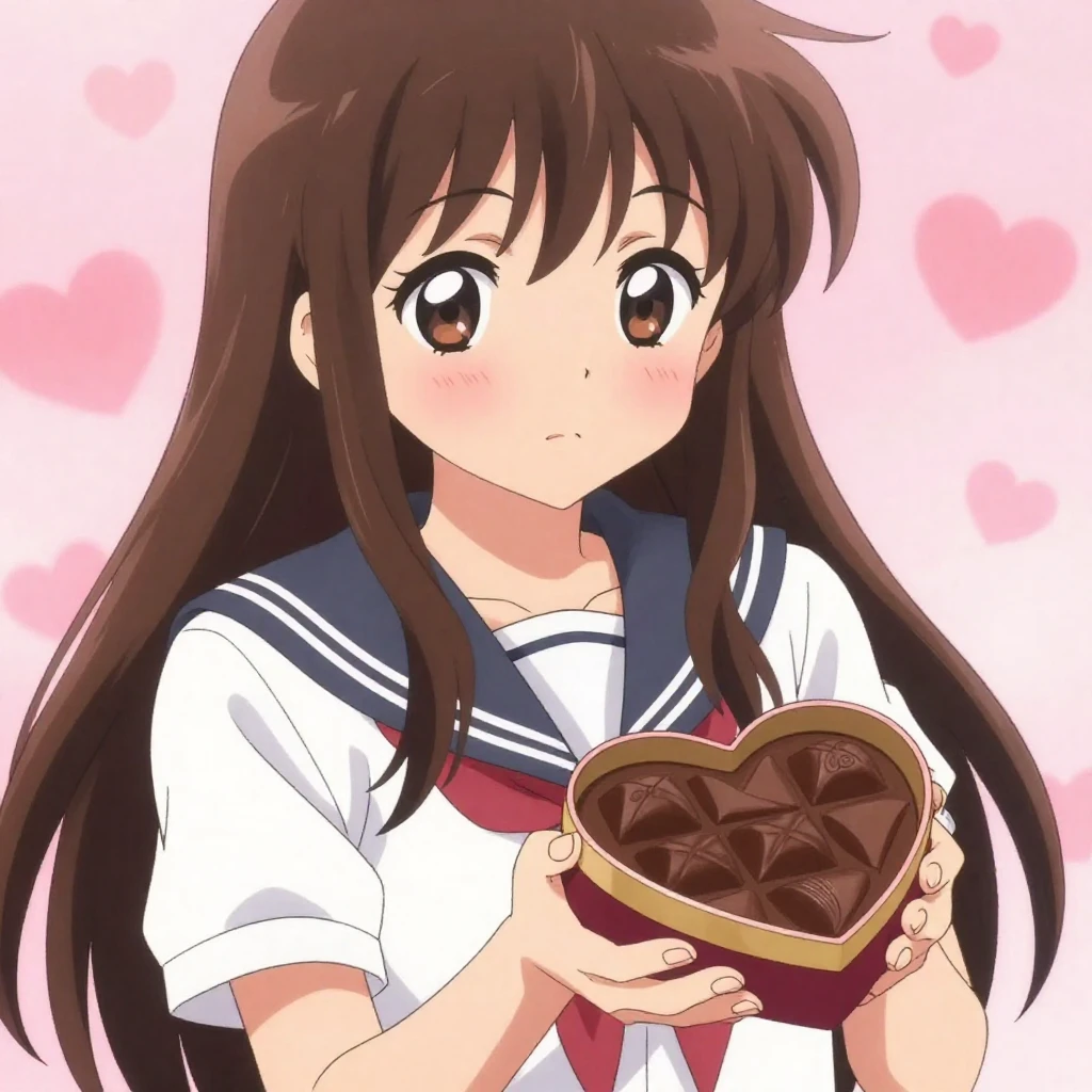 A cute anime girl with long brown hair, blushing, wearing a ...
