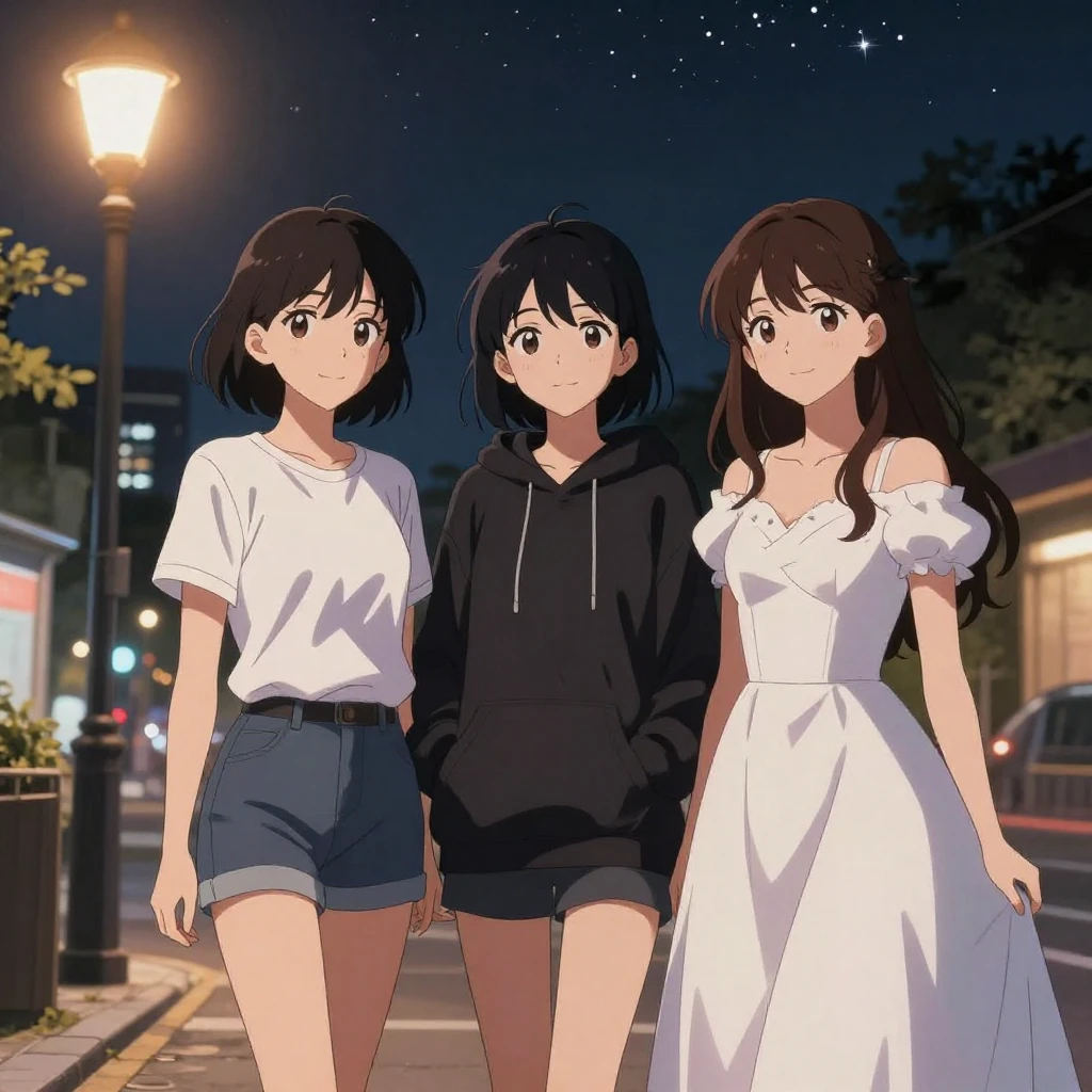 High quality anime style illustration, three young women, di...