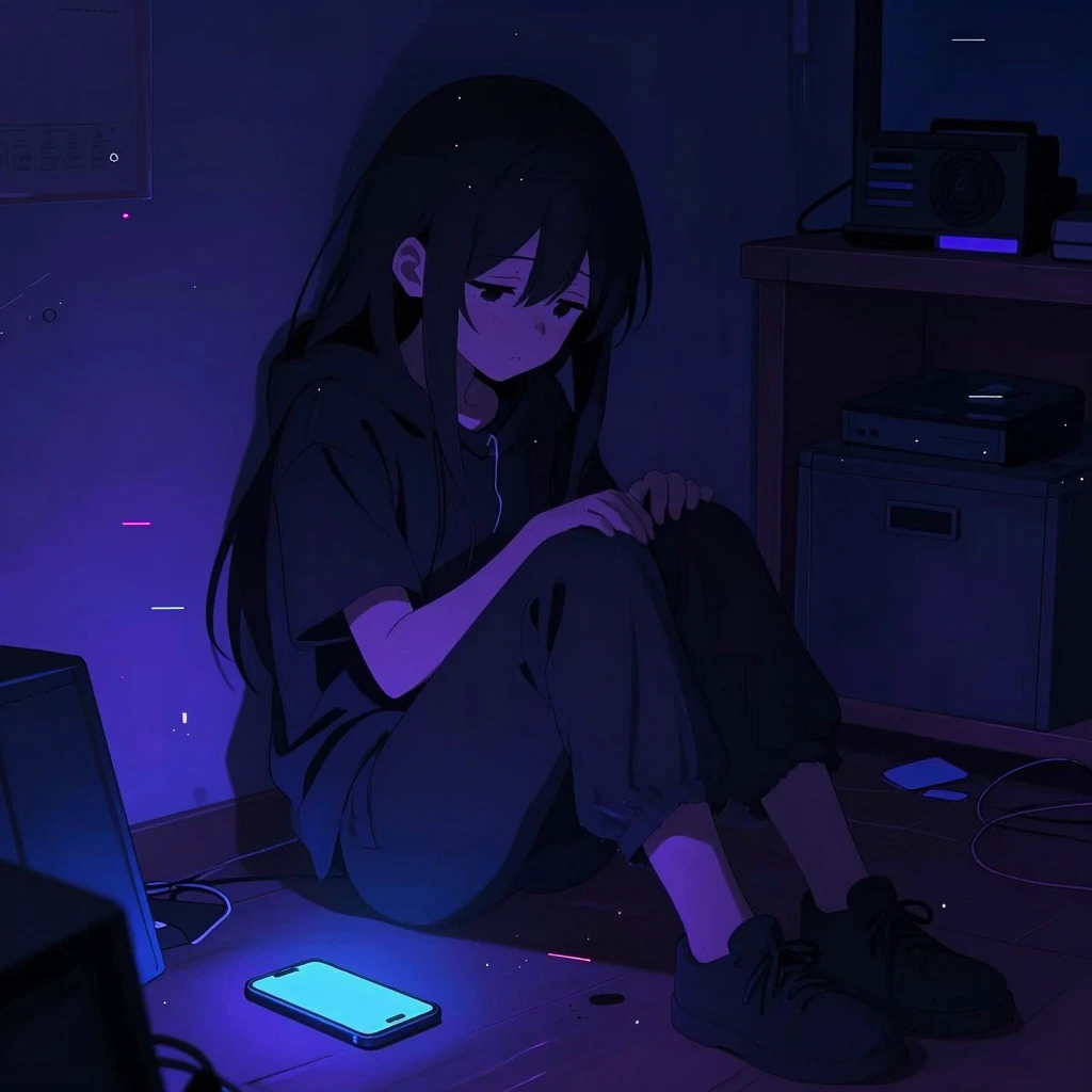 A sad anime character, sitting on the floor in a messy room,...