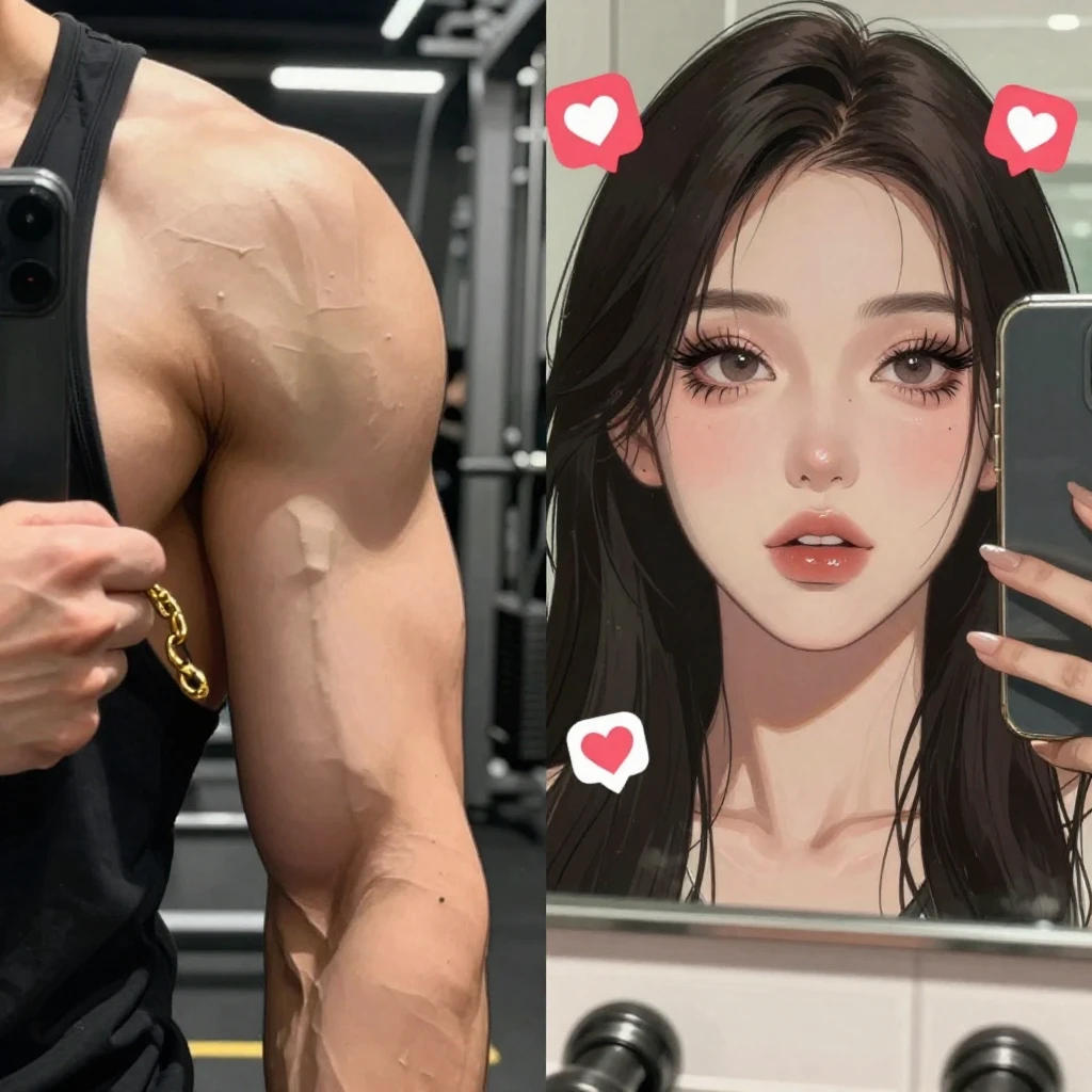 A split-screen composition in high-end realistic anime art. ...