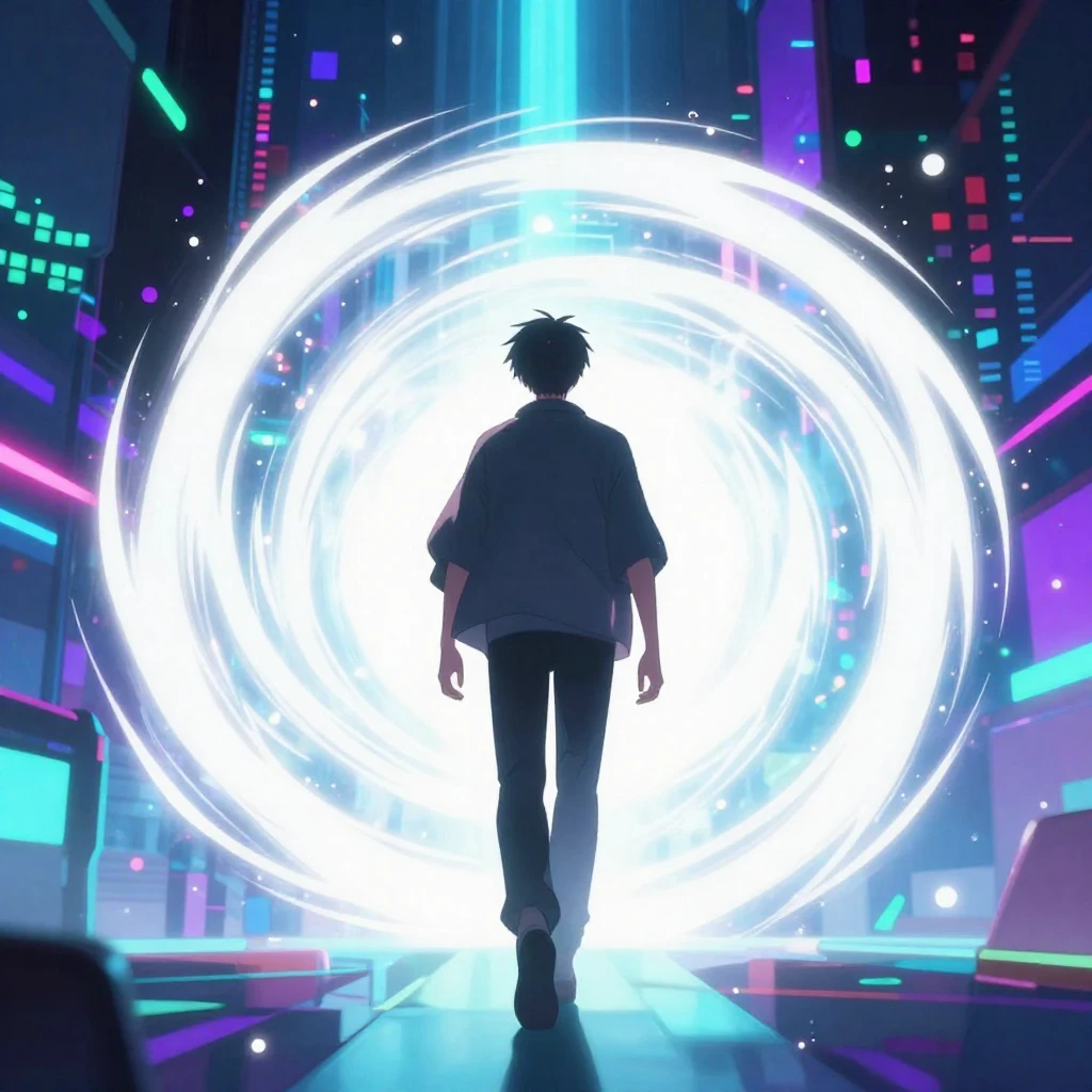 An anime-style character, viewed from a cinematic low angle,...