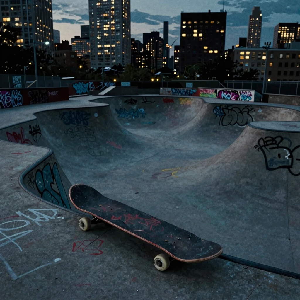 Anime style illustration of a gritty New York skate park at ...