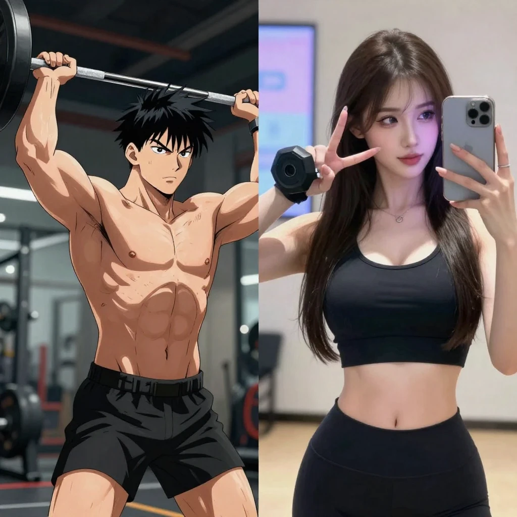 Highly detailed anime style split-screen wallpaper. Left: A ...