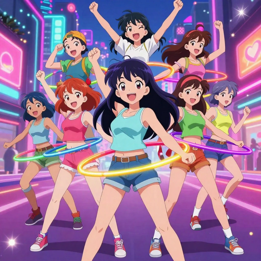 Anime style, a group of energetic girls and guys with colorf...