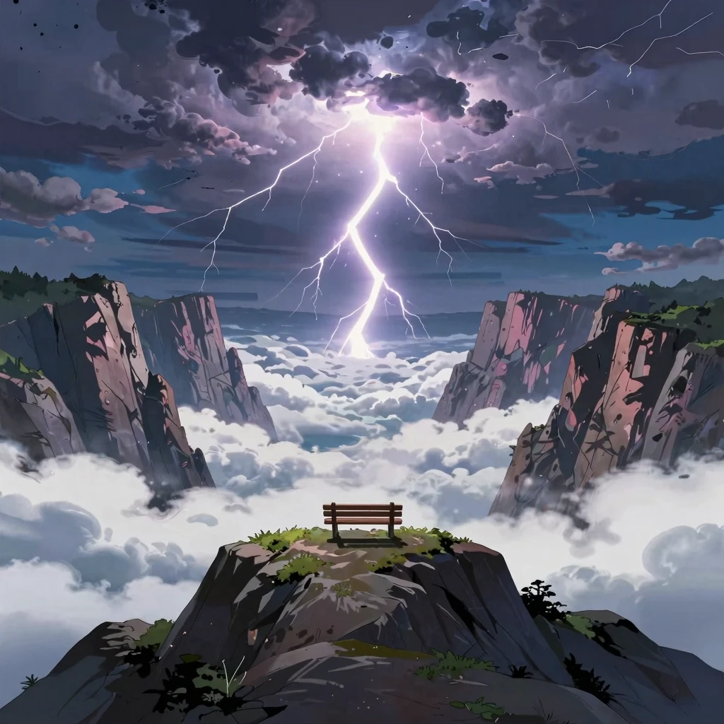 Anime style art, dramatic lightning in the sky above a sea o...
