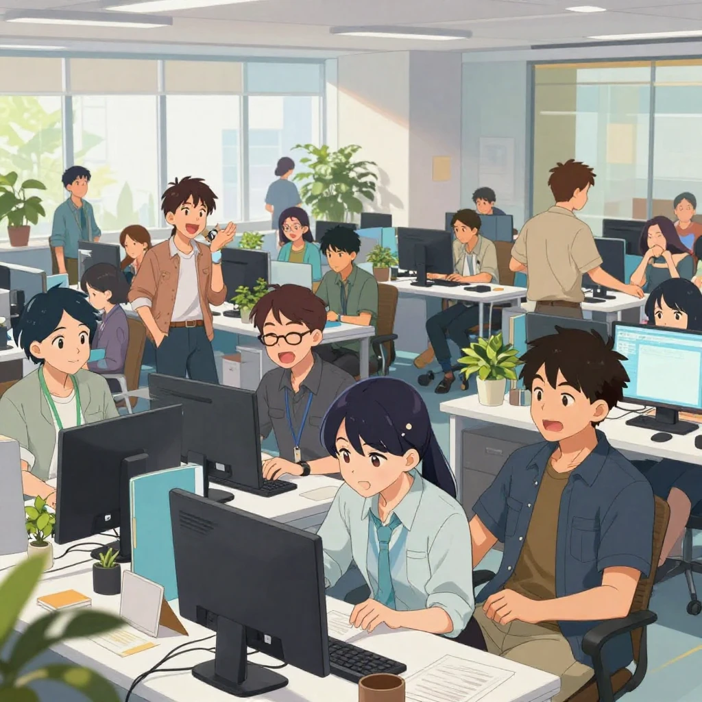 A bustling, modern office interior, filled with diverse anim...