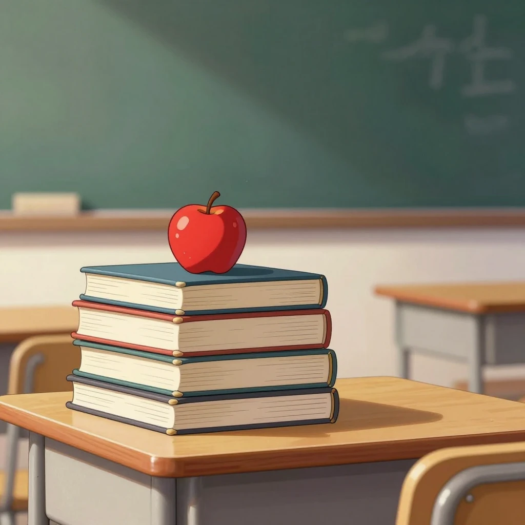 Anime style illustration of a teacher's desk with a stack of...