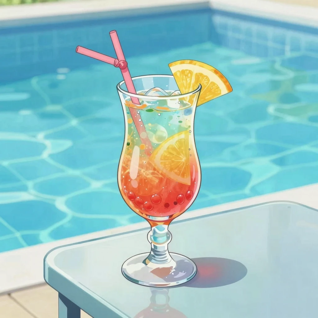 Anime style illustration of a vibrant cocktail on a glass ta...