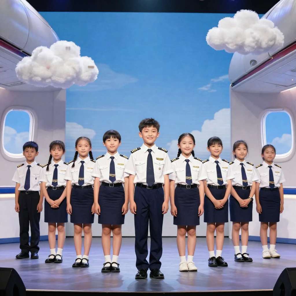 A group of enthusiastic children in crisp pilot and flight a...