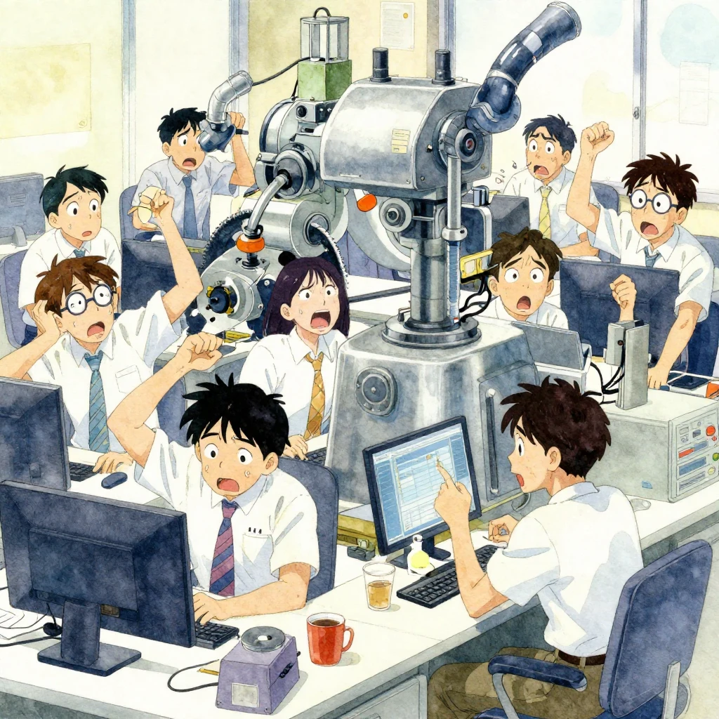An anime illustration depicting dynamic workplace chaos, wit...